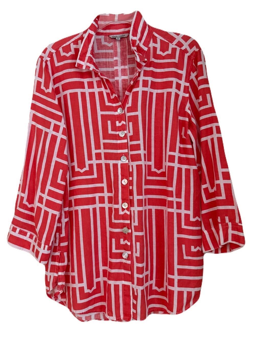 John Mark Geometric Print Linen Blouse - Coral/White - Size M